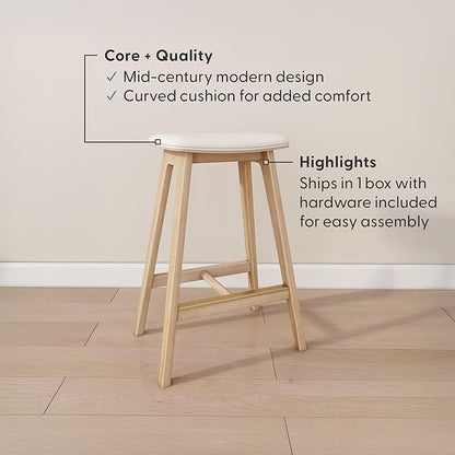 Plank+Beam Beryl Counter Height Stool - Mid-Century Modern Rubberwood Bar Stool with Faux Leather Seat, Metal Footrest, Easy Assembly, Blonde/Sesame