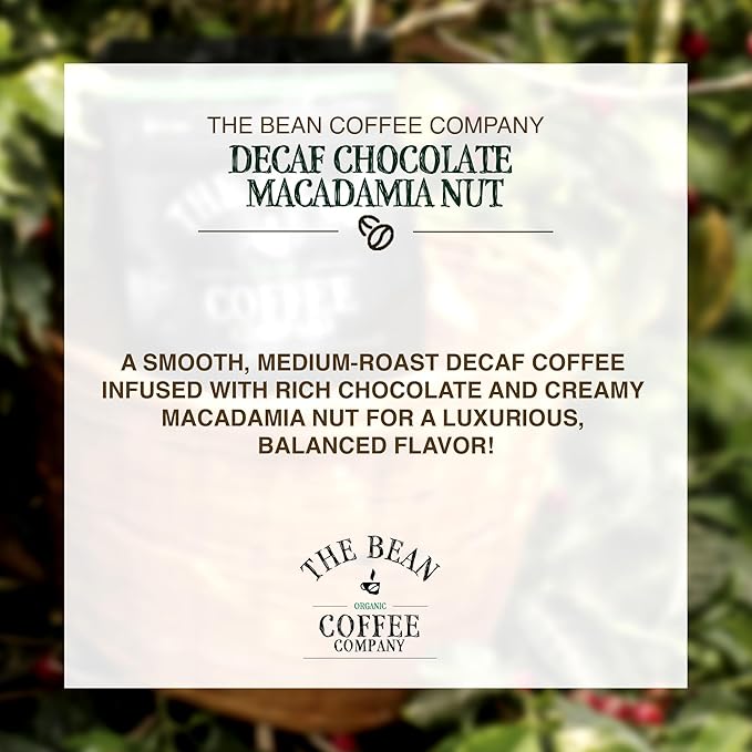 The Bean Organic Coffee Company Water Processed DECAF Chocolate Macadamia Nut, Medium Roast, Ground Coffee, 16-Ounce Bag, Café Molido Tostado Orgánico descafeinado