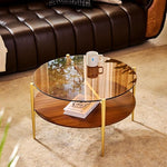 Load image into Gallery viewer, AGV LIGHTING Round Glass Coffee Table, Mid-Century Modern Coffee Table for Living Room, Glod Coffee Table, Amber Glass Top &amp; Walnut Wood Shelf