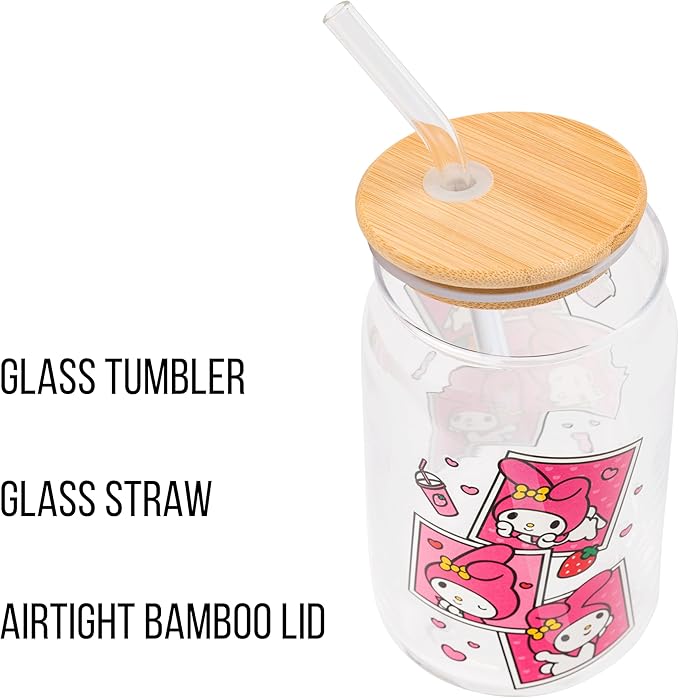Silver Buffalo Sanrio Hello Kitty and Friends My Melody Polaroids Glass Jar Tumbler with Bamboo Lid and Glass Straw, 16 Ounces