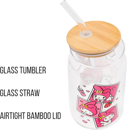 Silver Buffalo Sanrio Hello Kitty and Friends My Melody Polaroids Glass Jar Tumbler with Bamboo Lid and Glass Straw, 16 Ounces
