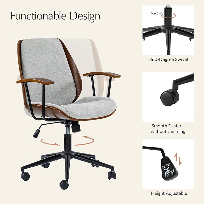 HULALA HOME Solid Wood Office Chair with Rocking Function, Comfy Fabric Desk Chair with Bent Wood and Metal Base, Height Adjustable Swivel Computer Task Chair, Grey