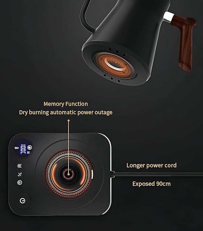 Gooseneck electric kettle,Auto Boil Detection, with Variable Temperature Control, Stainless Steel Inner, Ultra-Quiet 304 Stainless Steel,1200W Quick Heating, for Coffee, Tea & Milk, 0.9L(Black)