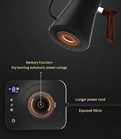 Gooseneck electric kettle,Auto Boil Detection, with Variable Temperature Control, Stainless Steel Inner, Ultra-Quiet 304 Stainless Steel,1200W Quick Heating, for Coffee, Tea & Milk, 0.9L(Black)