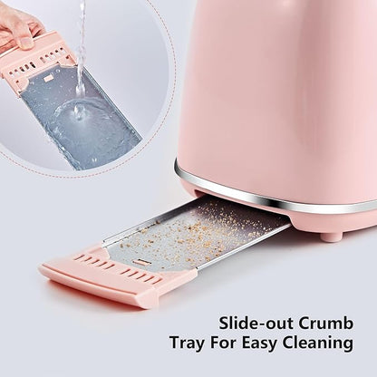 Roter Mond 2 Slice Toaster Retro Stainless Steel with Bagel, Cancel, and Defrost Functions, 6 Bread Shade Settings, Extra Wide Slots and Removable Crumb Tray, Pink