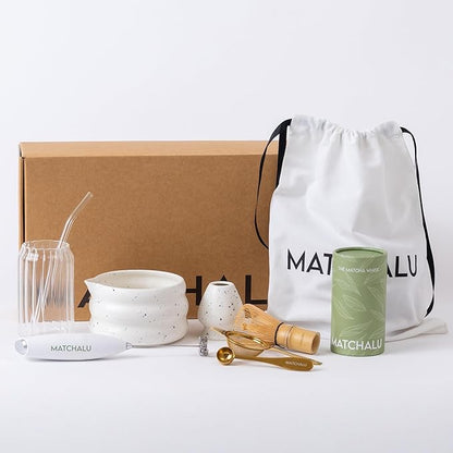 Premium 9 Piece Matcha Set With Ceramic Matcha Bowl, Bamboo Whisk & Holder, Stainless Steel Spoon & Sifter, Glass Cup & Straw, Electric Frother, Storage Bag - Gift for Matcha Lovers (White)