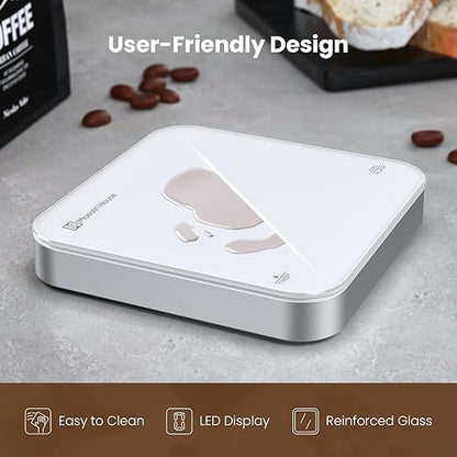 Rechargeable Mini Coffee Scale with Timer, Maestri House Espresso Scale, 2kg/0.1g Accurate Scale for Espresso and Pour-Over Coffee, Portable Digital Kitchen Scale with Automatic Timing（White&Silver）