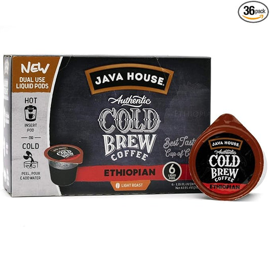 JAVA HOUSE Light Roast Ethiopian Cold Brew Pods, (36 Count) Peel and Pour Pods Hot or Iced Instant Coffee Concentrate