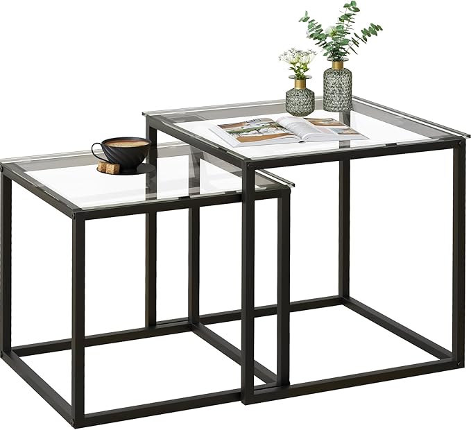 VILAWLENCE Coffee Table Set of 2, Modern Black Glass Side Table, Metal Frame Square End Table, Center Tables,Nesting Coffee Table for Living Room,Bedroom and Small Spaces