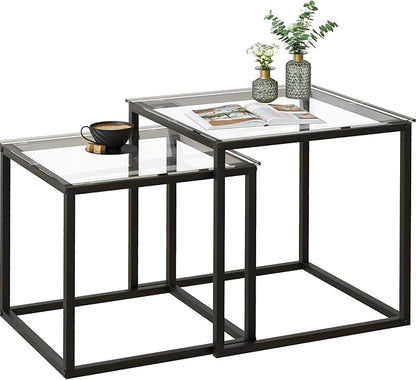 VILAWLENCE Coffee Table Set of 2, Modern Black Glass Side Table, Metal Frame Square End Table, Center Tables,Nesting Coffee Table for Living Room,Bedroom and Small Spaces