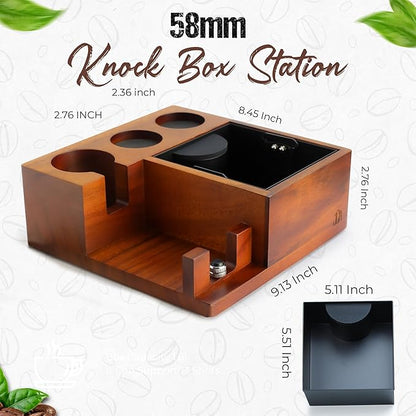 Espresso Knock Box & Tamping Station - Coffee Organizer Box for 58mm Tamper, Distributor, Portafilter Accessories - Includes Cleaning Brush
