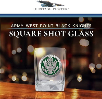 Heritage Pewter Army Square Shot Glass | Hand-Sculpted 1.5 Ounce Shot Glass | Intricately Crafted Metal Pewter Alma Mater Inlay