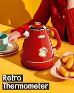 Load image into Gallery viewer, Hazel Quinn Retro Electric Kettle - 1.7 Liters / 57.5 Ounces Tea Kettle with Thermometer, All Stainless Steel, Fast Boiling 1200 W, BPA-free, Cordless, Rotational Base, Automatic Shut Off - Ruby Red
