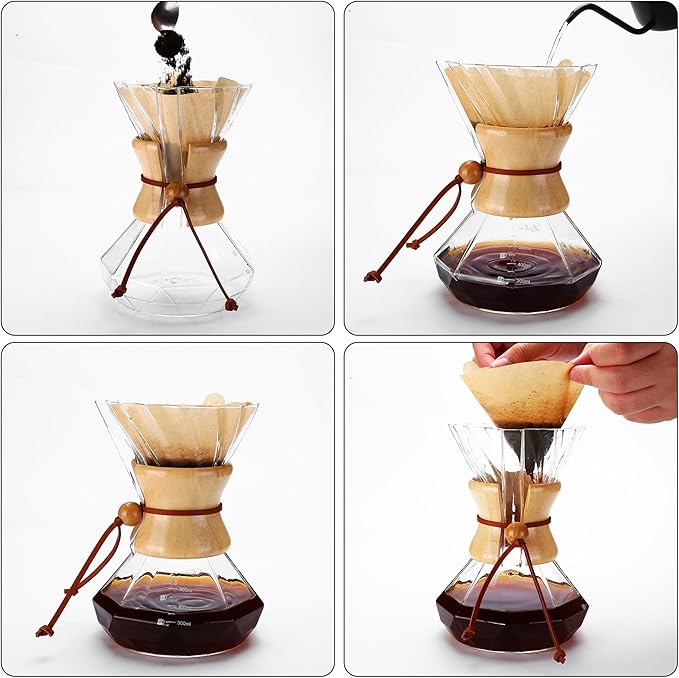 Pour Over Coffee Maker, 19 oz Borosilicate Glass Coffee Carafe with 100 PCS Paper Filter, Wooden Collar & Cowhide rope, Glass Coffee dripper (Clear, 550 ml(only Paper Filter))