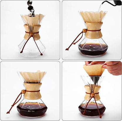 Pour Over Coffee Maker, 19 oz Borosilicate Glass Coffee Carafe with 100 PCS Paper Filter, Wooden Collar & Cowhide rope, Glass Coffee dripper (Clear, 550 ml(only Paper Filter))