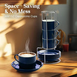 Load image into Gallery viewer, 5 Ounce Blue Porcelain Stackable Espresso Cups with Stainless Steel Holder, Set of 4, Durable Ceramic, Perfect for Home, Office or Gift