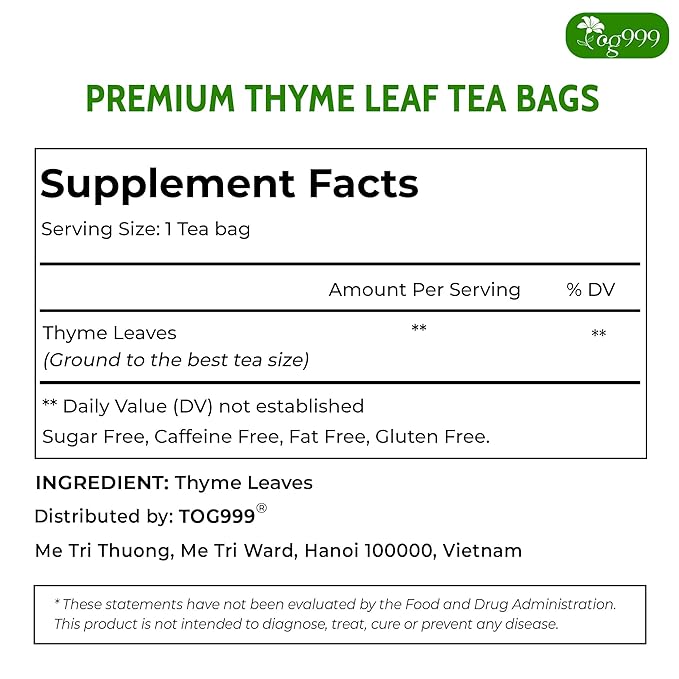 TOG999, Premium 120 Thyme Leaf Tea Bags, 100% Natural & Pure Thyme Leaves. Loose Leaf Thyme Herbal Tea. Thyme Leaf Tea. No Sugar, No Caffeine, No Gluten, Vegan.