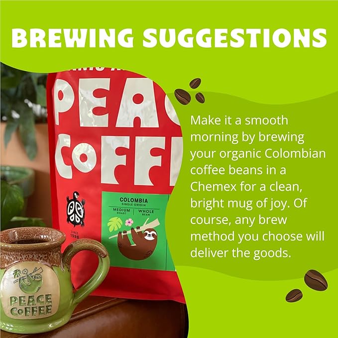 Peace Coffee Colombia Single Origin Coffee | 5 lb Ground Medium Roast | Organic Fair Trade | Smooth, Crisp Flavor | Shade Grown, Fresh Roasted