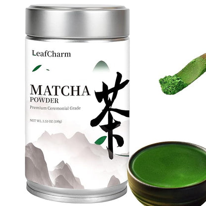 LeafCharm Ceremonial Grade Matcha Powder 100g,3.52oz Resealable Tin,Sugar Free Matcha Powder,Rich in Antioxidants & Energy Boosting, New Year Wellness Gift,Daily Ritual for Cafe, Latte, Collagen,& Smoothies