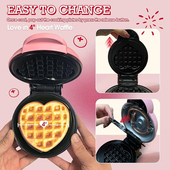 Mini Waffle Maker with 6 Removable Plates,Small Heart Waffle Maker Keto,3-in-1 Multi-plate set,Wafflera Iron for Kids Family&Individuals,4'' Non Stick Cooking Plates with Fast & Even Heating(Pink)