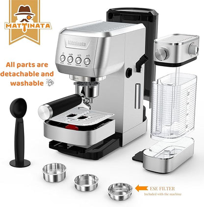 Cappuccino Machine 20 Bar, Professional Espresso Machines for Home and Office with Automatic Milk Frothering System, Barista Compact Latte Maker for Coffee Lovers, Stainless Steel-Mattino