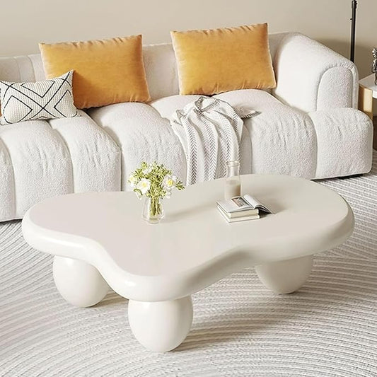 Stylish Irregular Cloud Coffee Table Mid-Century White Low Center Table - 3 Stable Ellipsoid Leg, for Living Room Bedroom Lounge (E-47.24in)