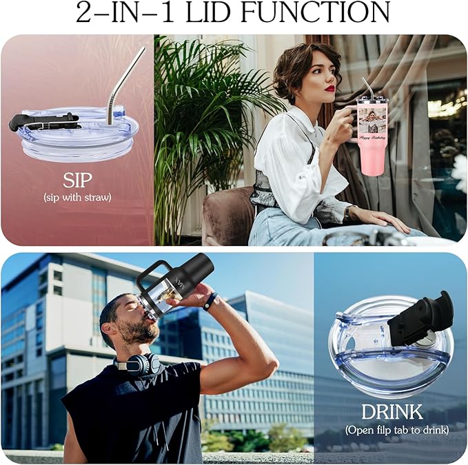 Personalized 40 oz Tumbler with Handle and Straw, Custom Tumbler with Picture, Logo, Text, Stainless Steel Travel Coffee Mug Cup, Personalized Gifts For Women Men Birthday Anniversary Christmas Gifts