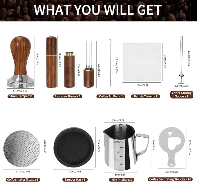 Gmnuiy51mm Coffee Tamper Set 24PCS, Espresso Accessories Kit Barista Kit,316stainlesss Tamper & WDT Tool,316stainlesss Frothing Pitcher, Stirrer, Tamper Mat, Latte Art Pen Coffee puck screen (brown)