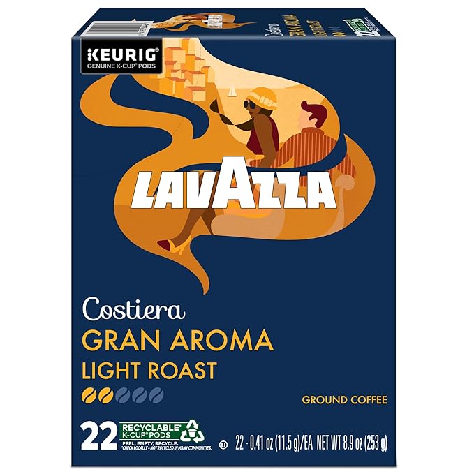 Lavazza Costiera Gran Aroma, Single-Serve Keurig K-Cup Pods, Light Roast Coffee, 88-Count Box (4 Packs of 22)