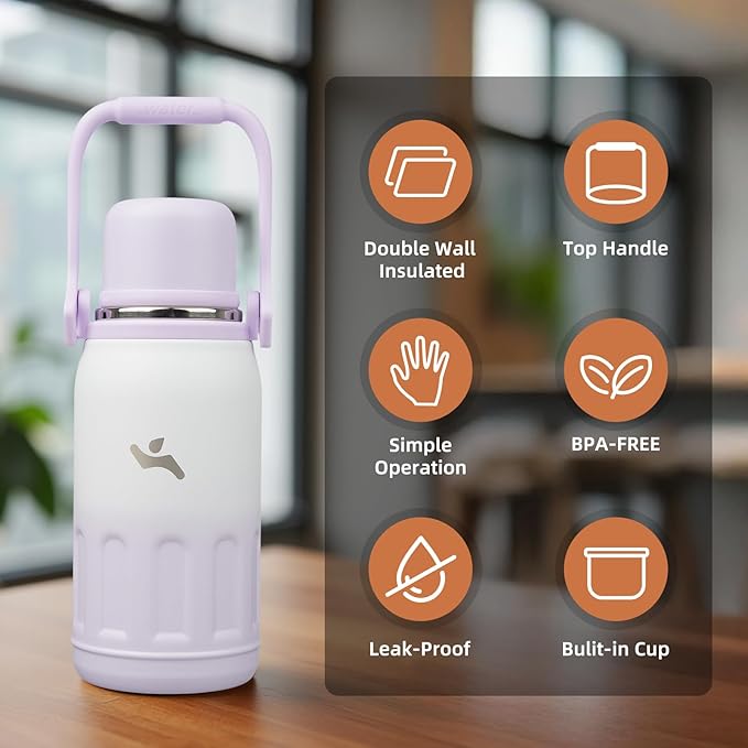 Insulated Water Bottle with Handle and Strap,Vacuum Travel Tumbler with Cup Lid,Thermo Coffee Cup for Hot Cold Drinks 27 OZ,Purple Pearl