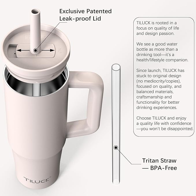 TILUCK 30 oz Tumbler with Handle, Vacuum Insulated Stainless Steel Travel Mug with 100% Leak-Proof Silicone Straw Lid, Cupholder Friendly Water Bottle(SakuraPink, 30oz)