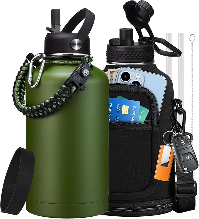 Stainless Steel Water Bottles 64oz - Insulated Half Gallon Water Jug with Straw & Chug Lid, Metal Tactical Canteen for Gym Sports Workout Hiking with Paracord Handle, Strap Carry Sleeve, Army Green