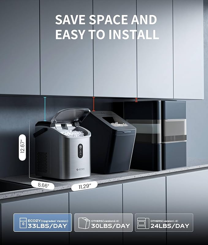 ecozy Nugget Ice Maker Countertop, Smart Portable Crushed Ice Maker with Voice Control, Pellet Chewable Ice 33lbs/24H, Self-Cleaning, with APP WiFi, Timer Function and Status Alerts, Bonus TDS Meter