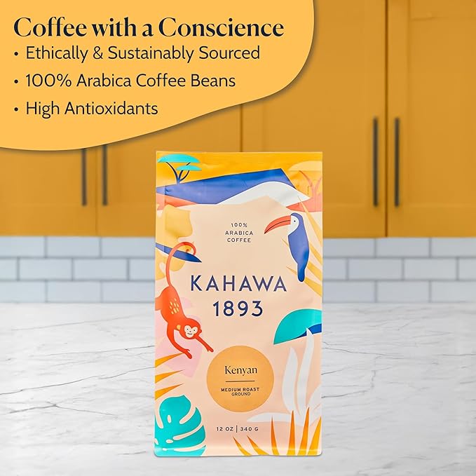 Kahawa 1893 Ground Coffee Medium Roast Kenyan Blend 12 Oz - As Seen on Shark Tank, High Antioxidants, Naturally Sweet, Organically Grown, Ethically & Sustainably Sourced