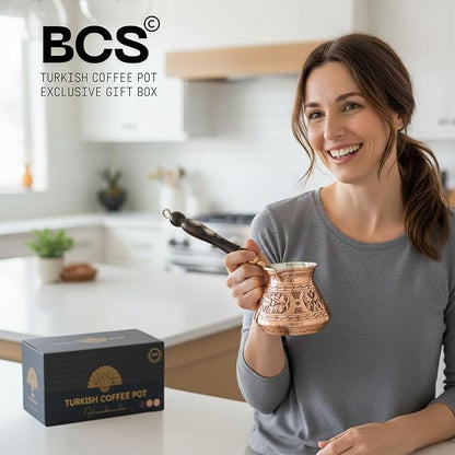 BCS 12 Oz Copper Turkish Greek Arabic Coffee Pot with Wooden Handle (4 servings) Cezve Ibrik Briki Stovetop Coffee Maker (Includes Wooden Spoon)