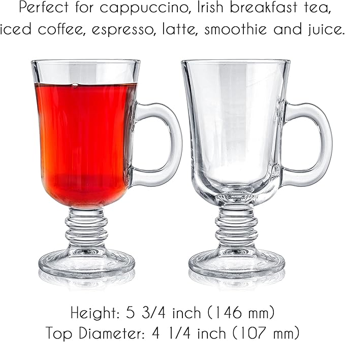 Volarium Irish Glass Coffee Mugs, Latte Cups, Set of 2 Cappuccino and Hot Chocolate Mugs with Handle, Clear Glass Mugs for Hot Beverages, 7 3/4 oz