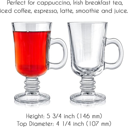 Volarium Irish Glass Coffee Mugs, Latte Cups, Set of 2 Cappuccino and Hot Chocolate Mugs with Handle, Clear Glass Mugs for Hot Beverages, 7 3/4 oz