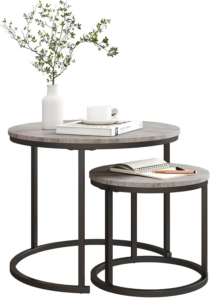 Round Coffee Table Set of 2 for Living Room,Black Small Coffee Table Living Room,Nesting Tables Metal Frame/Wood,Sturdy/Easy Assembly,Stacking Side Tables Bedroom,Grey