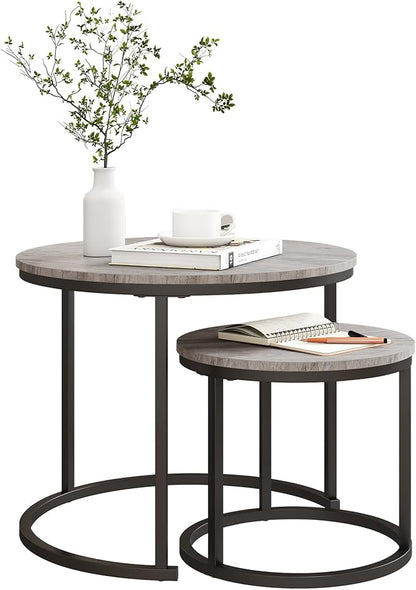 Round Coffee Table Set of 2 for Living Room,Black Small Coffee Table Living Room,Nesting Tables Metal Frame/Wood,Sturdy/Easy Assembly,Stacking Side Tables Bedroom,Grey