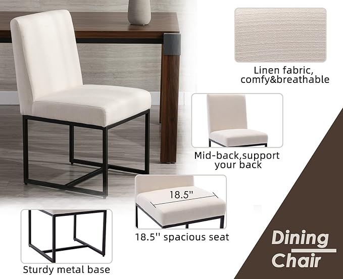 CIMOTA Modern Linen Dining Chair Set of 4, Mid Century Dining Room Chairs Fabric Upholstered Armless Side Chair with Black Sled Base for Dining Room, White Cream 4PCS