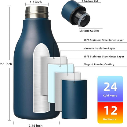BJPKPK Insulated Water Bottles, 12oz Stainless Steel Metal Water Bottle with Strap, BPA Free Leak Proof Jugs, Mugs, Flasks, Reusable Thermal Flasks for Sports & Travel, Navy Blue