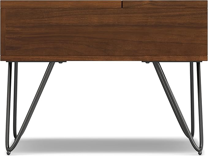SIMPLIHOME Hunter Lift Top Coffee Table - 48 inch Wide Solid Walnut Veneer and Metal Industrial Cocktail Table, Functional Living Room Table with 2 Storage Cubbies and Hairpin Legs