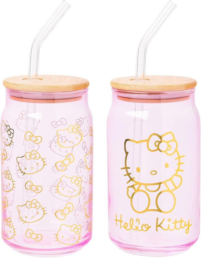 Silver Buffalo Sanrio Hello Kitty Gold 2 Pack Pink Glass Jar Tumbler with Bamboo Lid and Glass Straw, 16 Ounces
