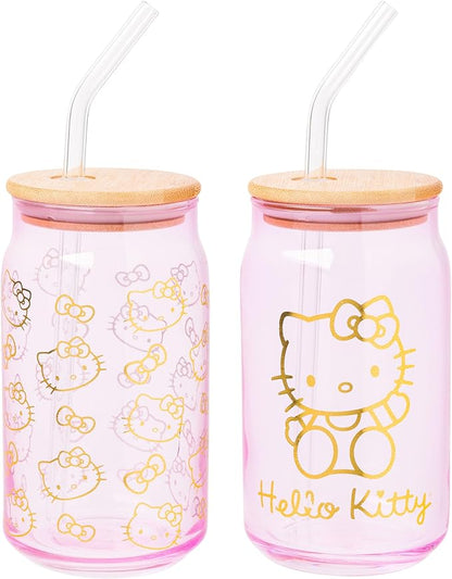 Silver Buffalo Sanrio Hello Kitty Gold 2 Pack Pink Glass Jar Tumbler with Bamboo Lid and Glass Straw, 16 Ounces