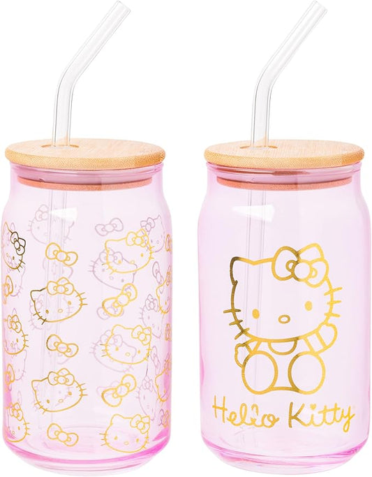 Silver Buffalo Sanrio Hello Kitty Gold 2 Pack Pink Glass Jar Tumbler with Bamboo Lid and Glass Straw, 16 Ounces
