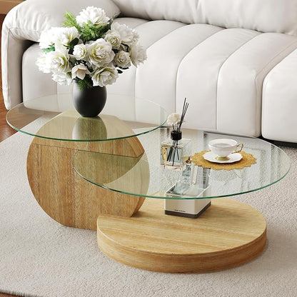 42 Inch Glass Coffee Table，Round Coffee Table with 2-Tier Tempered Glass Tabletop，Easy to Clean Circle Coffee Table with Sturdy Base for Living Room，Office （Wood-Colored Base）
