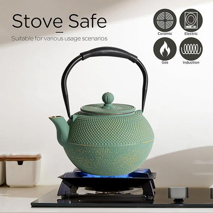 Cast iron Teapot, Tea Kettle for Stovetop Safe with Stainless Steel Infuser, Japanese Hand-made Tea Pot Coated with Enameled Interior for 42oz, 1200ml Green