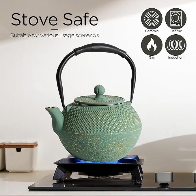 Cast iron Teapot, Tea Kettle for Stovetop Safe with Stainless Steel Infuser, Japanese Hand-made Tea Pot Coated with Enameled Interior for 42oz, 1200ml Green