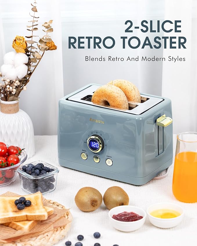 2 Slice Toaster, Retro Bread Toaster with LED Digital Countdown Timer, Extra Wide Slots Toasters with 6 Bread Shade Settings, Bagel, Defrost Function, High Lift Lever, Removal Crumb Tray, Ash Blue