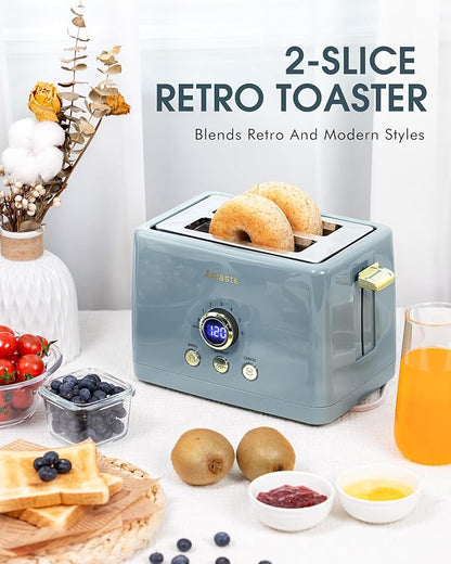 2 Slice Toaster, Retro Bread Toaster with LED Digital Countdown Timer, Extra Wide Slots Toasters with 6 Bread Shade Settings, Bagel, Defrost Function, High Lift Lever, Removal Crumb Tray, Ash Blue